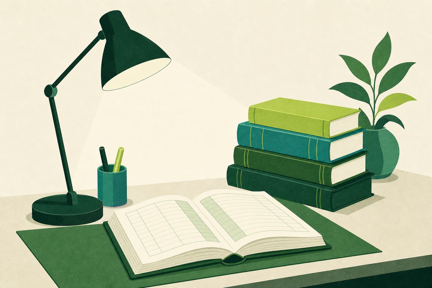 A small editorial desk with an open ledger, a stack of reference volumes and a simple lamp on a cream ground.