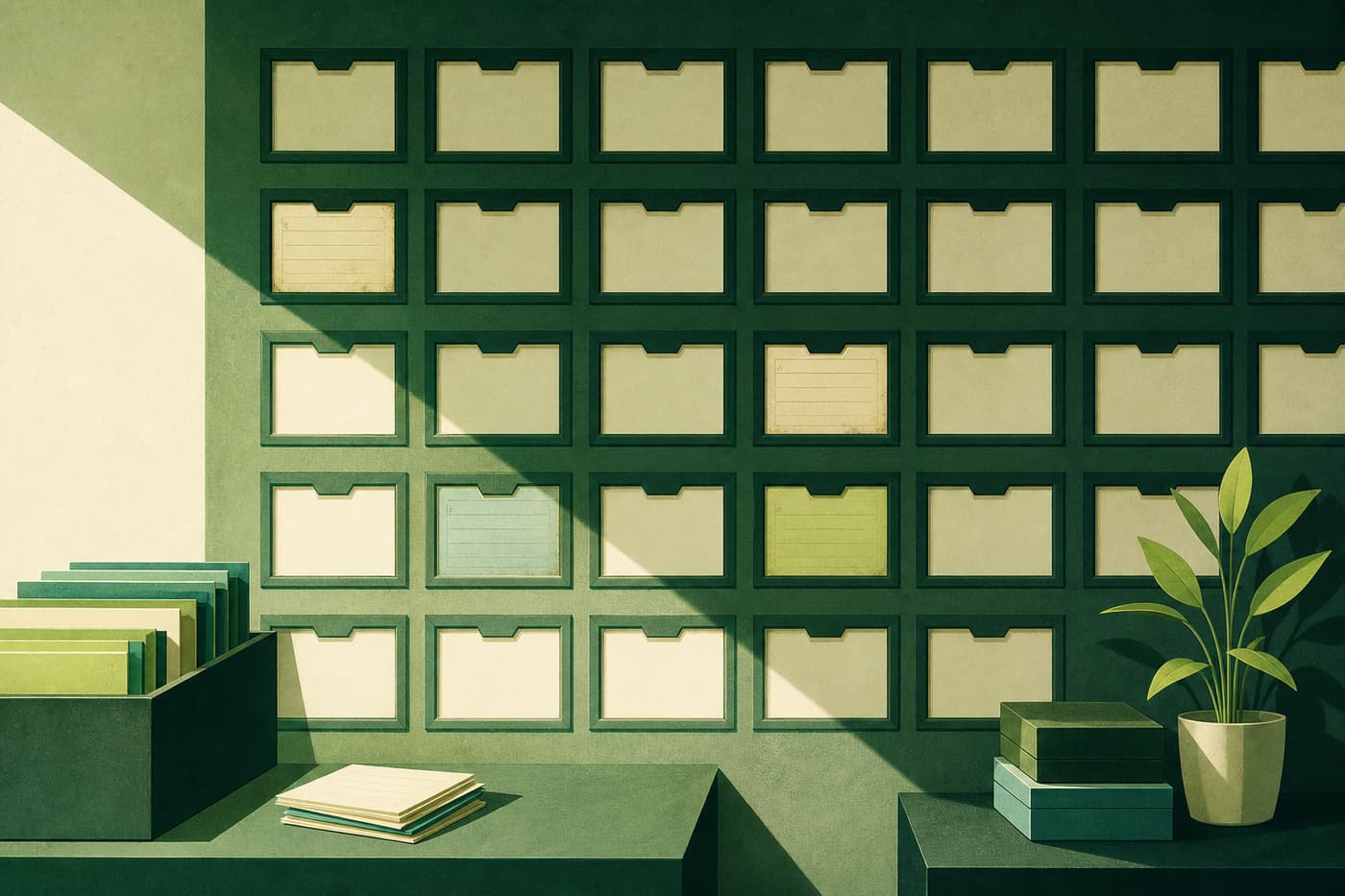 A wall of empty rectangular frames where record cards used to sit, with a handful of frames still holding faded cards.