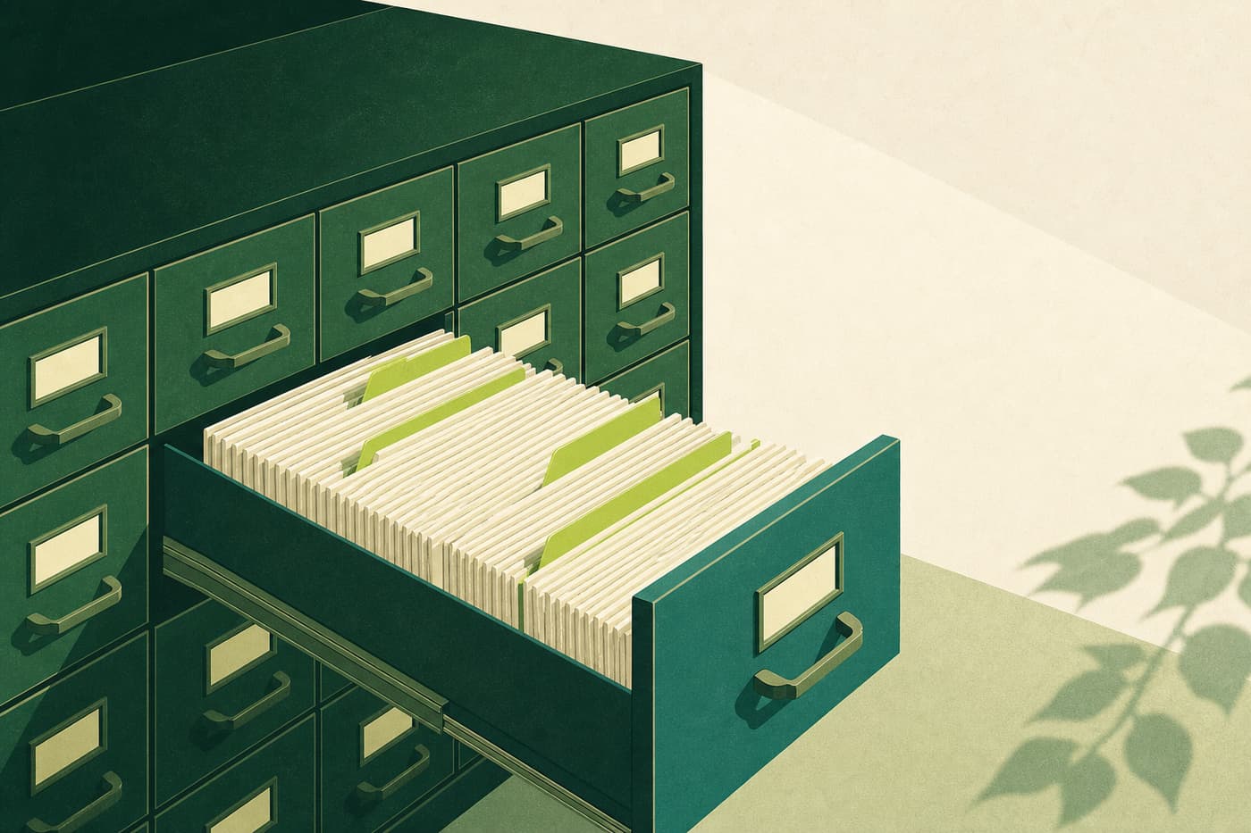 Long drawers of upright filing cards seen in perspective, one drawer open with cards fanned and a few tinted green.