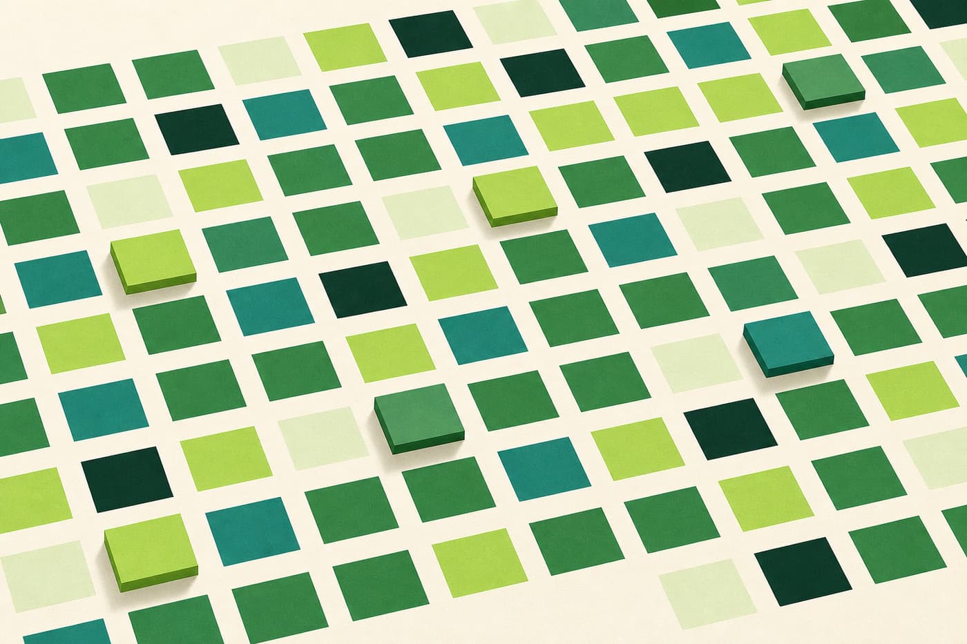 An orderly grid of small square tiles in varying green tones across a cream field, a few tiles lifted above the plane.