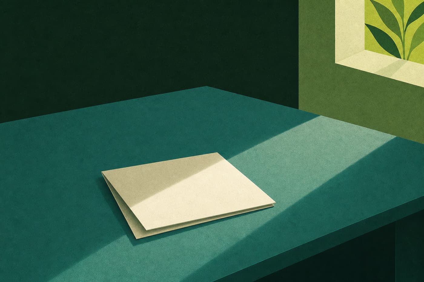 A single folded sheet resting on an open flat surface with a narrow band of light across it.