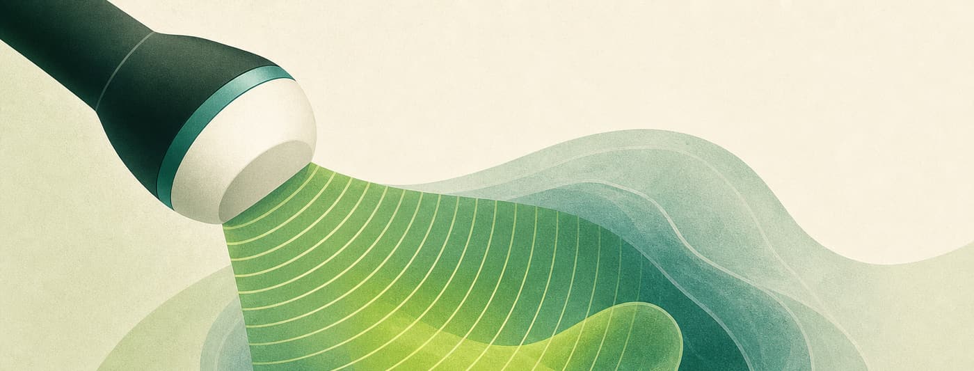 A fan of concentric sound arcs emanating from a rounded transducer head into a soft translucent volumetric form.