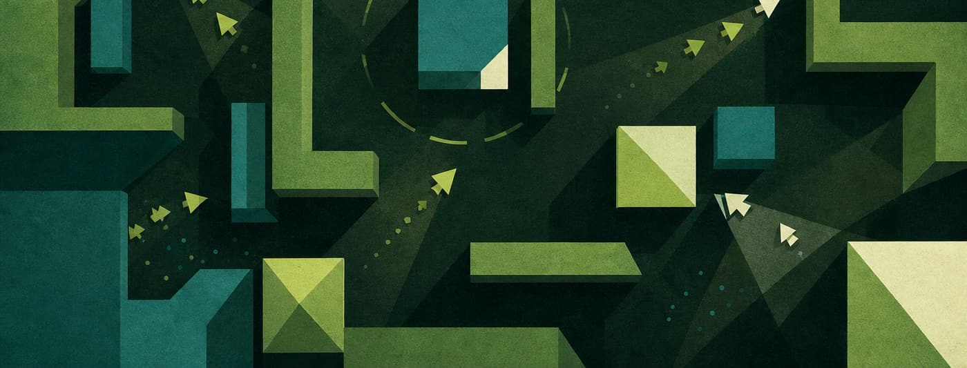 A dark overhead maze-like arena of simple geometric blocks with small angular silhouette markers advancing along corridors.