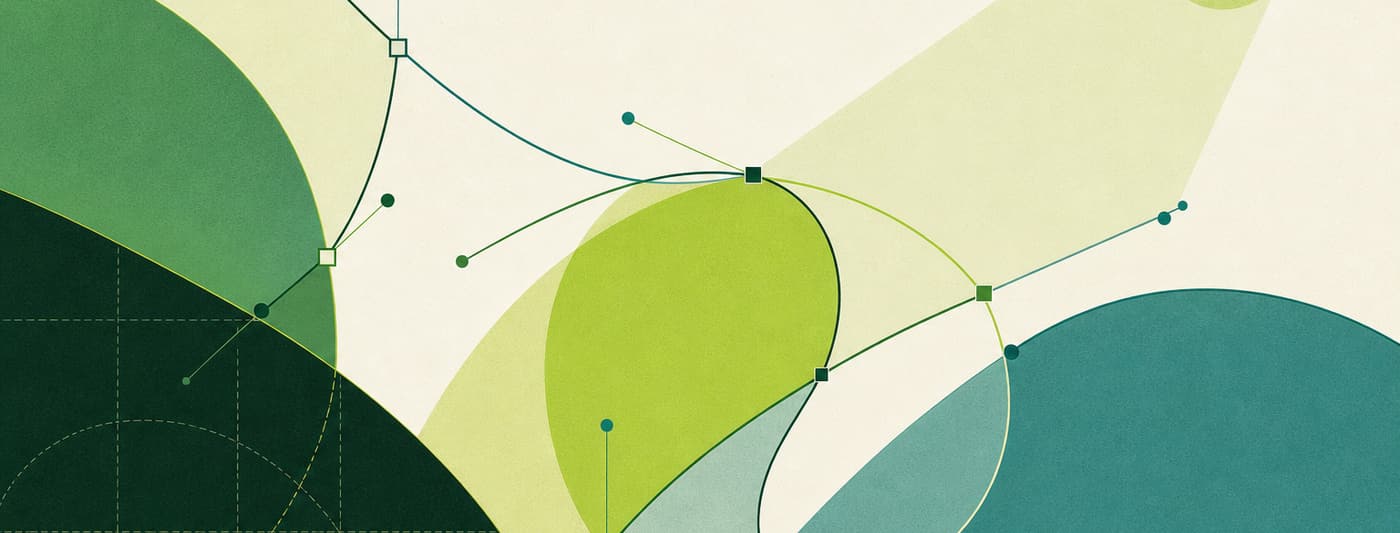 Overlapping bezier curves with visible control handles and anchor points over layered translucent shapes.