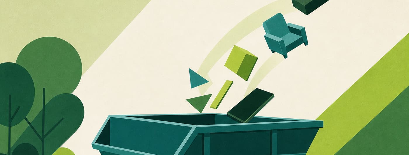 An open-topped skip container in flat geometric form with angular discarded shapes arcing into it.