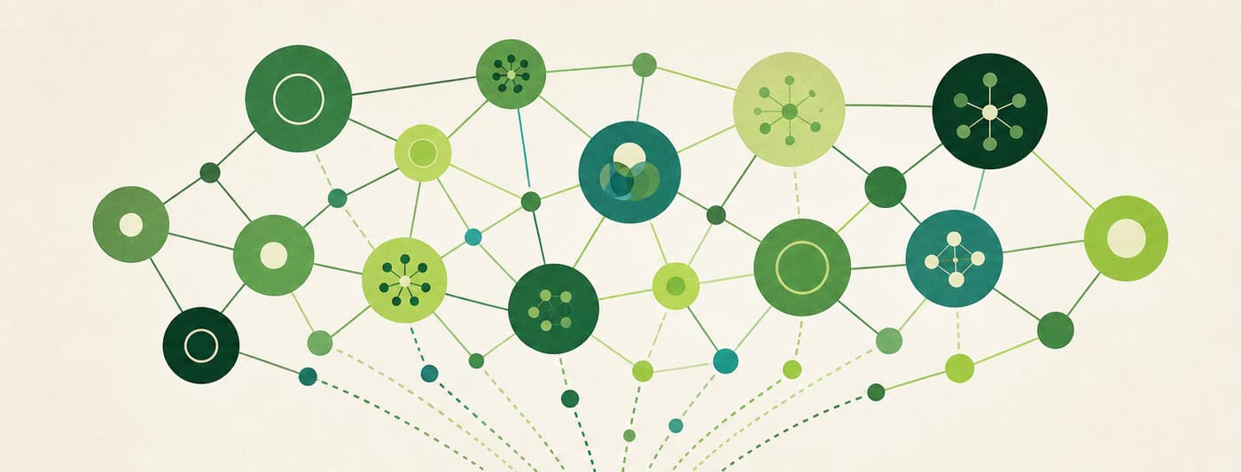 A lattice of connected circular nodes above a fanned stack of paper sheets, suggesting citation networks feeding a written work.