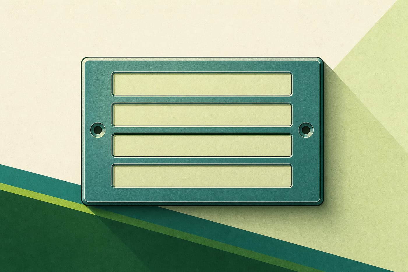 A plain rectangular metal-like plate with four blank recessed rows and two fixing points.