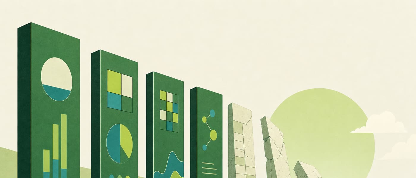 A row of tall monolithic slabs receding across a cream plain, the near ones upright and green, the far ones toppled and pale.