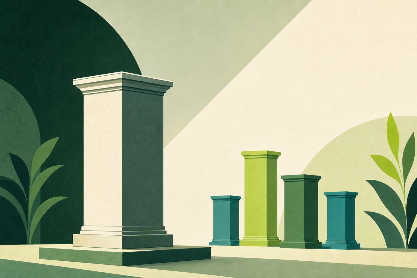 An empty pedestal in the foreground with several smaller new pedestals of differing heights behind it, none as tall.