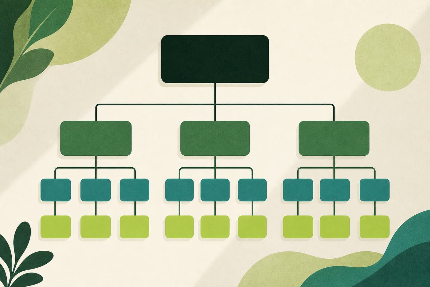 A clean branching tree diagram rendered as nested rounded rectangles at three depths, evenly spaced.