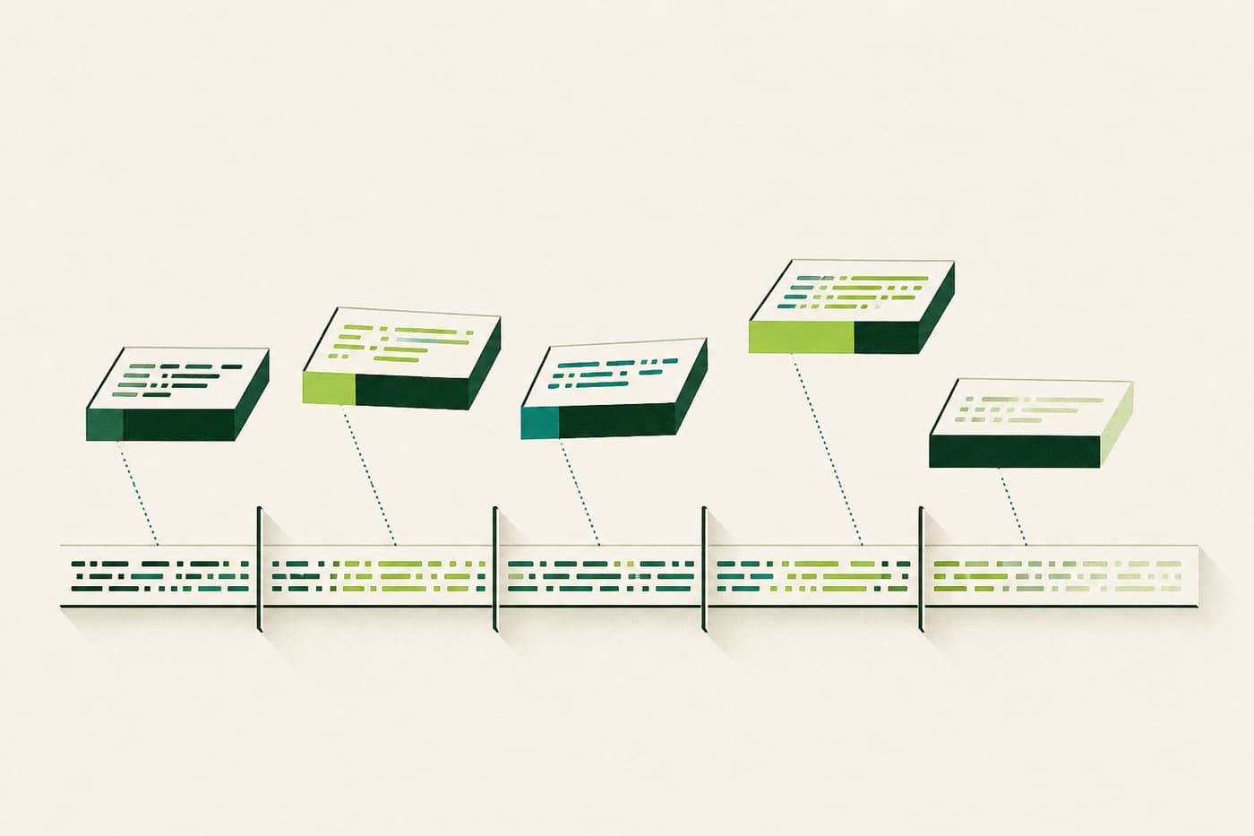 One long horizontal strip of marks split by vertical dividers into five distinct segments, each lifted and offset.