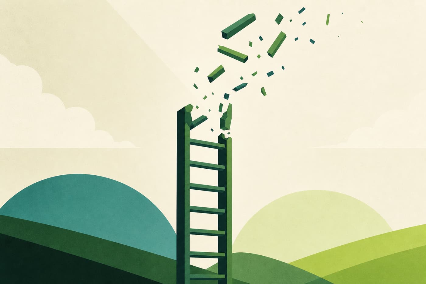 A tall ladder of rungs whose upper section has broken away and drifts apart.