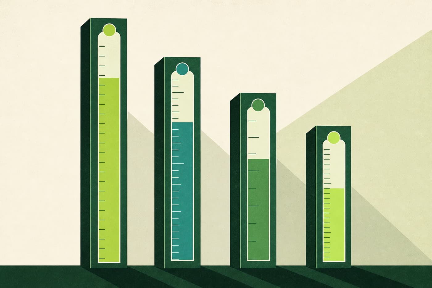 Four vertical gauge columns of different heights side by side, each calibrated with different spacing marks.