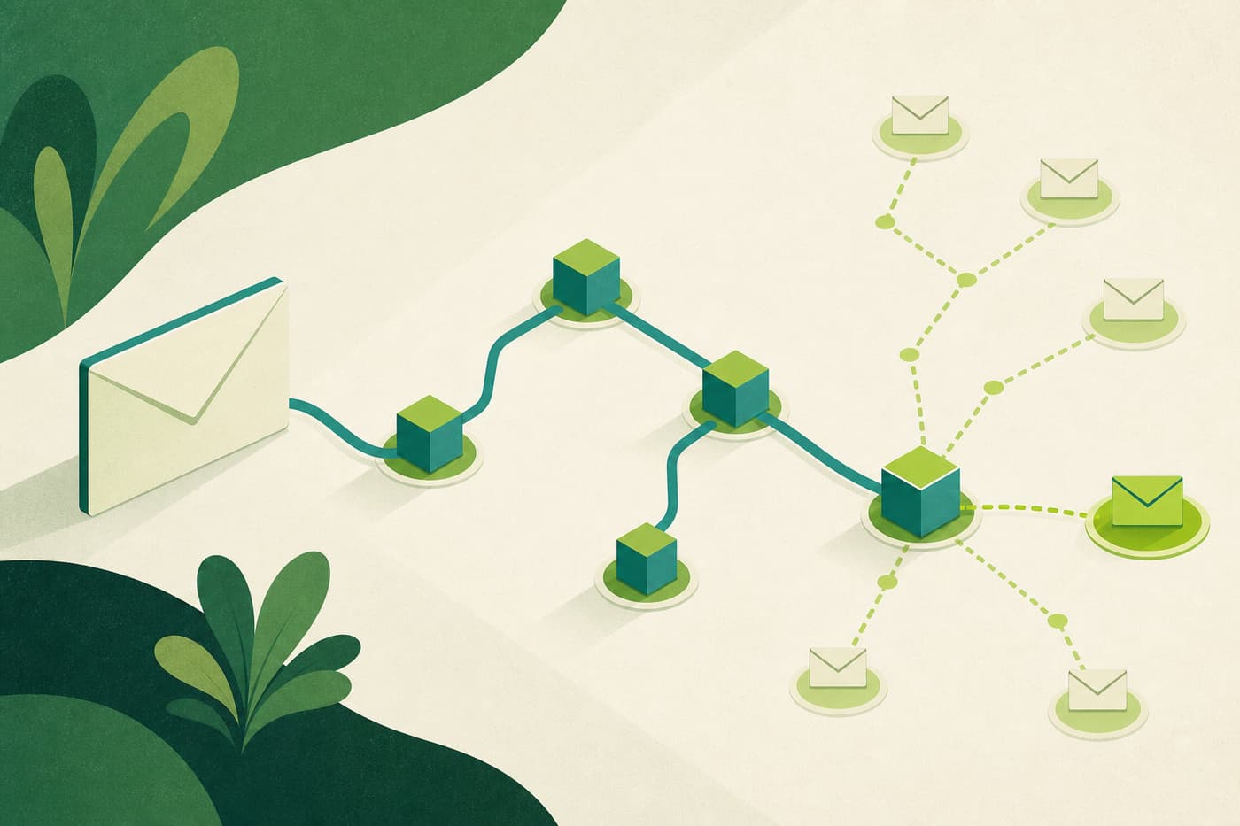 A routing diagram in which an addressed envelope travels through several relay nodes to reach one of many endpoints.