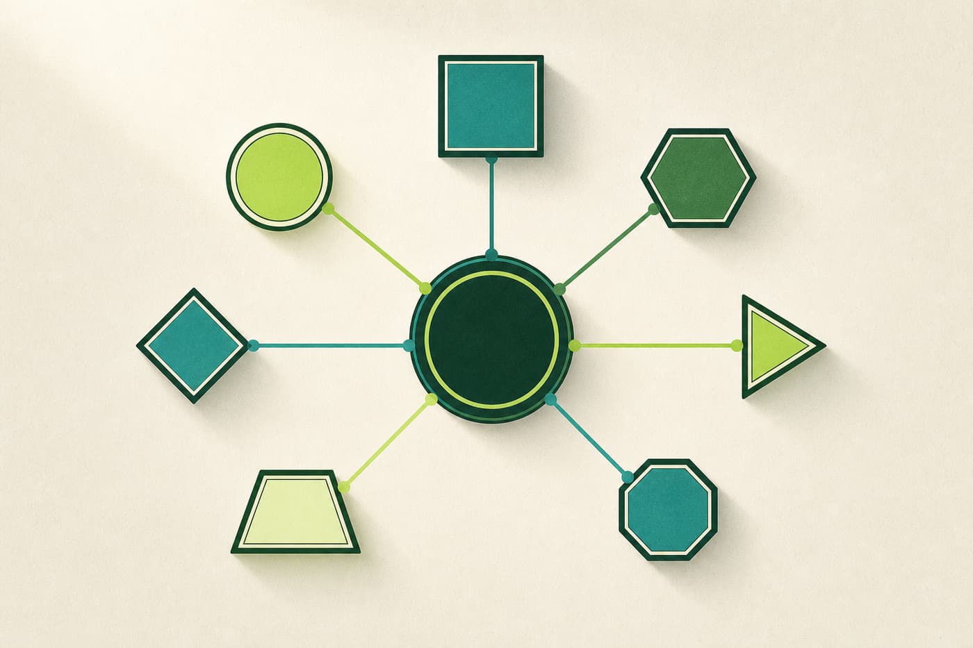 A central hub emitting labelled branches to seven distinct geometric terminal shapes, each terminal a different form.