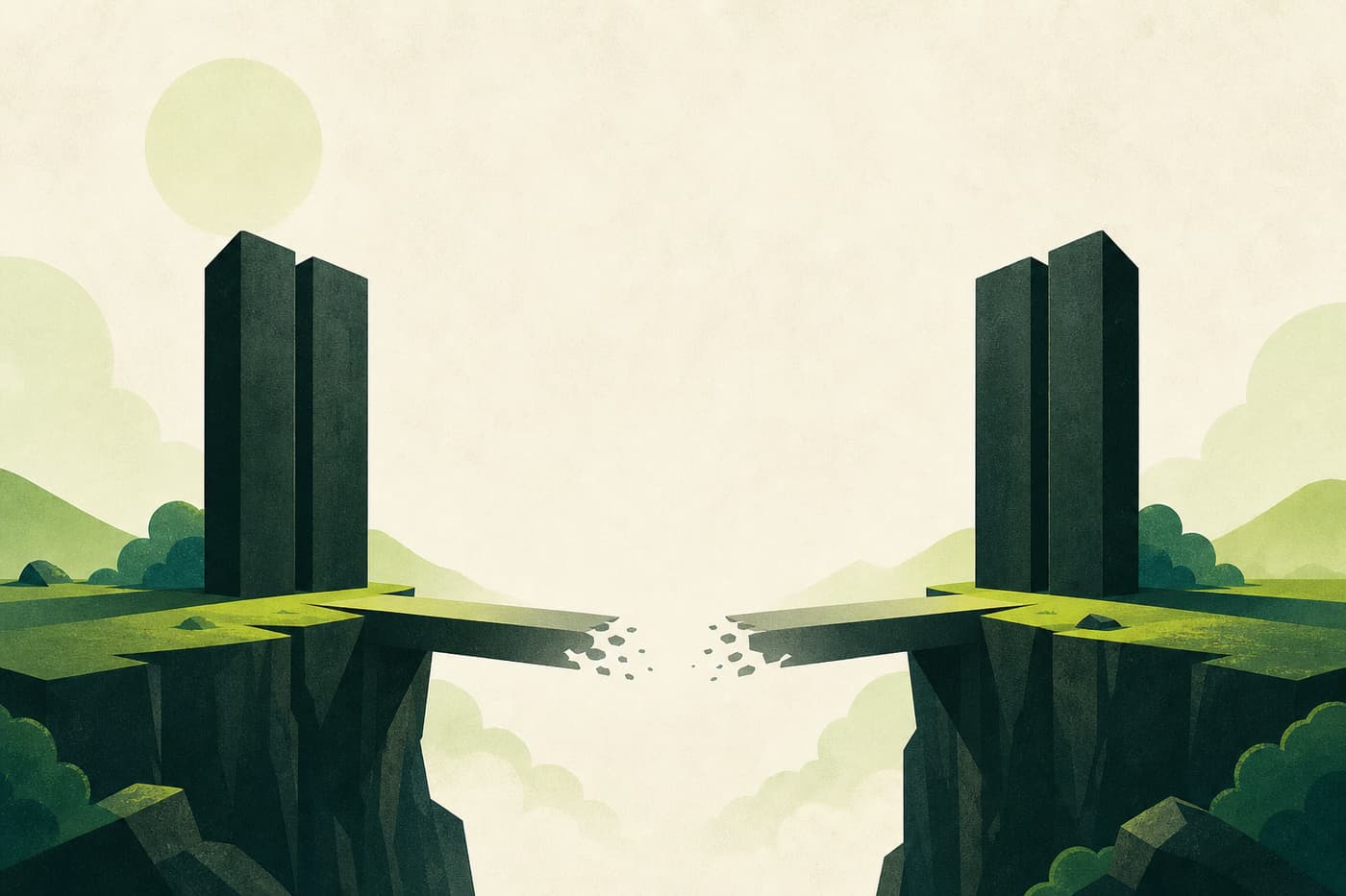 Two unlit paired server monoliths with the connecting path severed and fading into nothing.