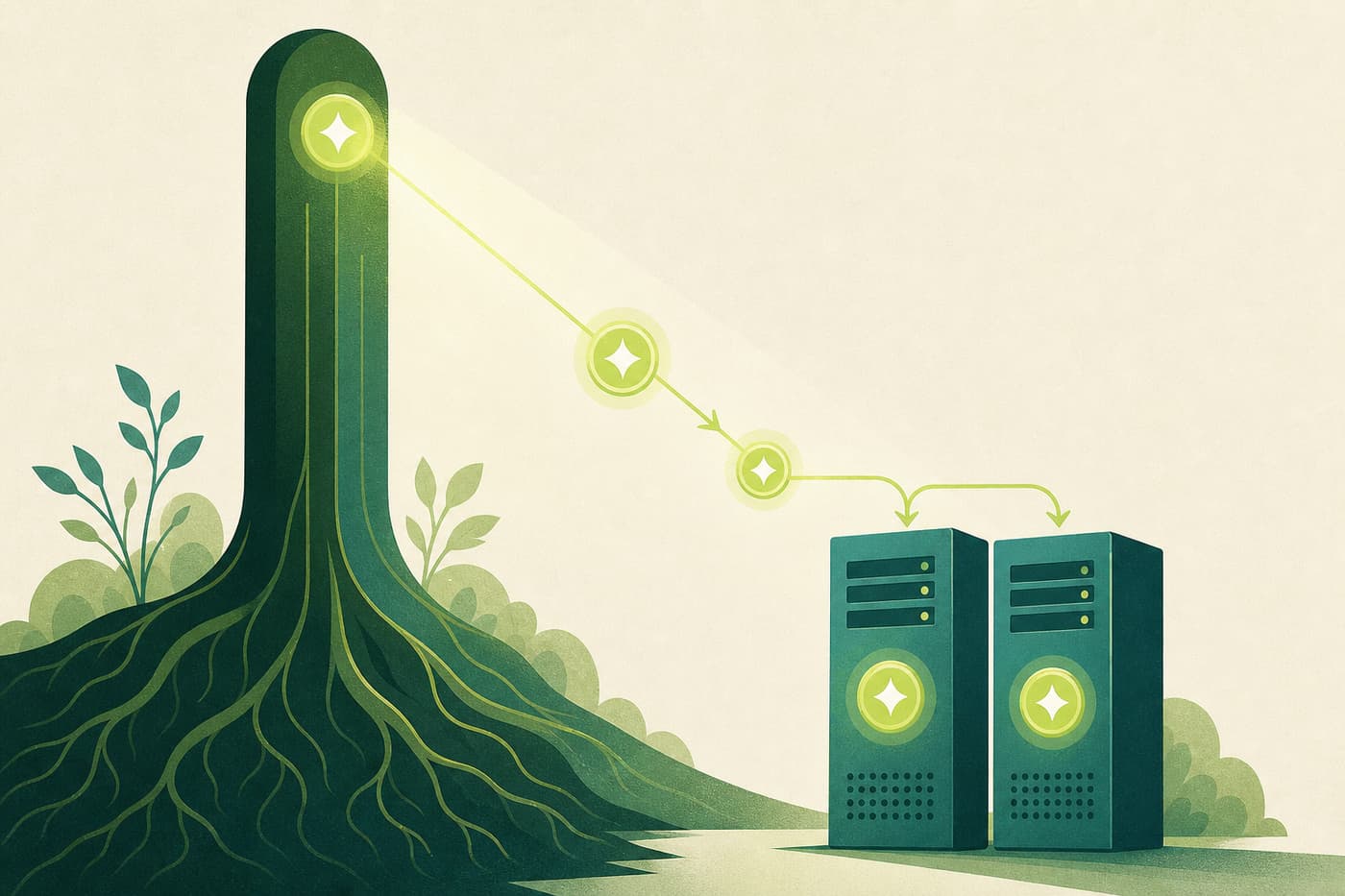 A tall root form handing a glowing token down a chain to two paired server monoliths standing side by side.
