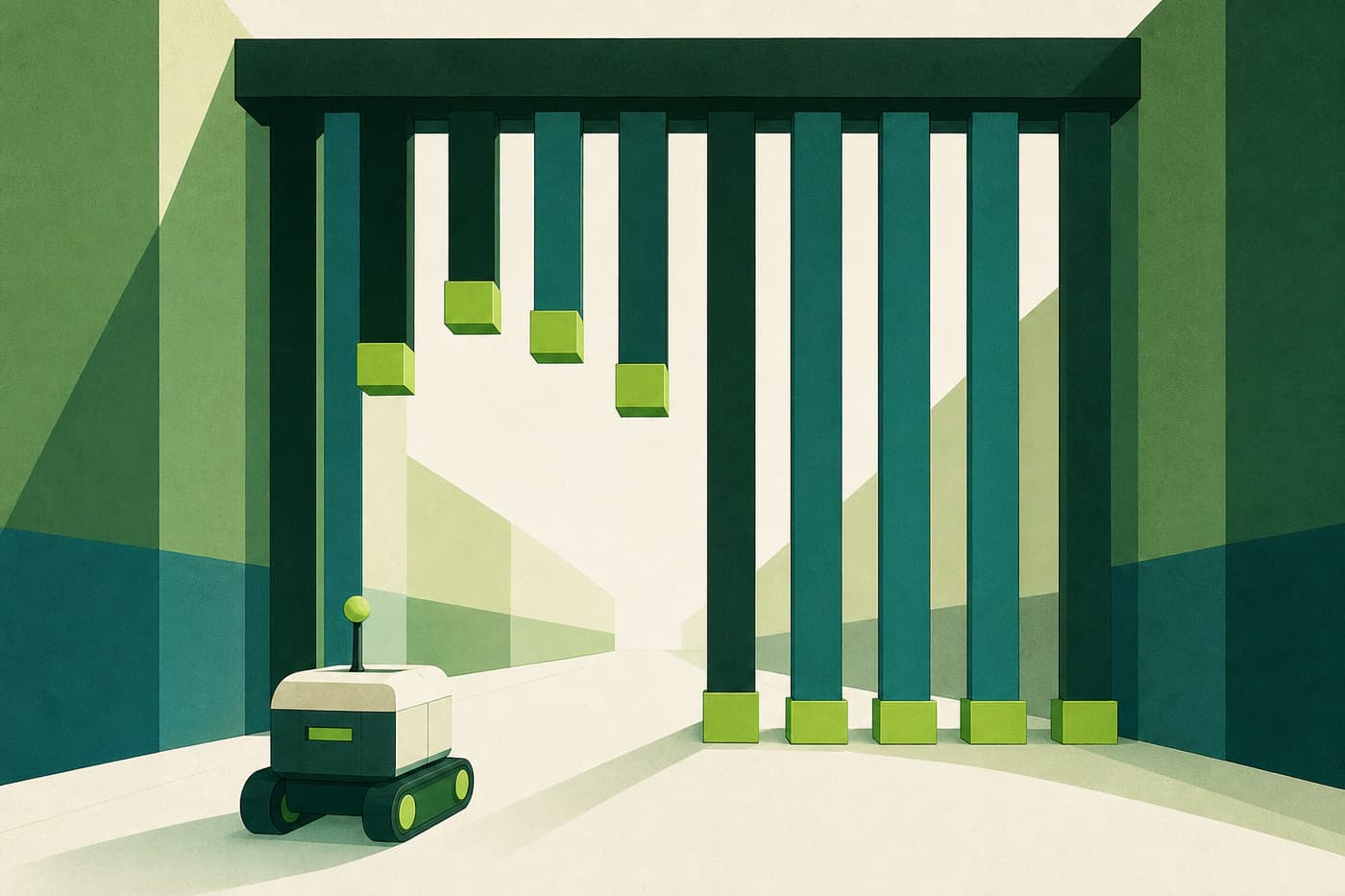 A gateway of vertical bars across a corridor, some raised to allow passage and some lowered to block it, with a small automated form waiting.