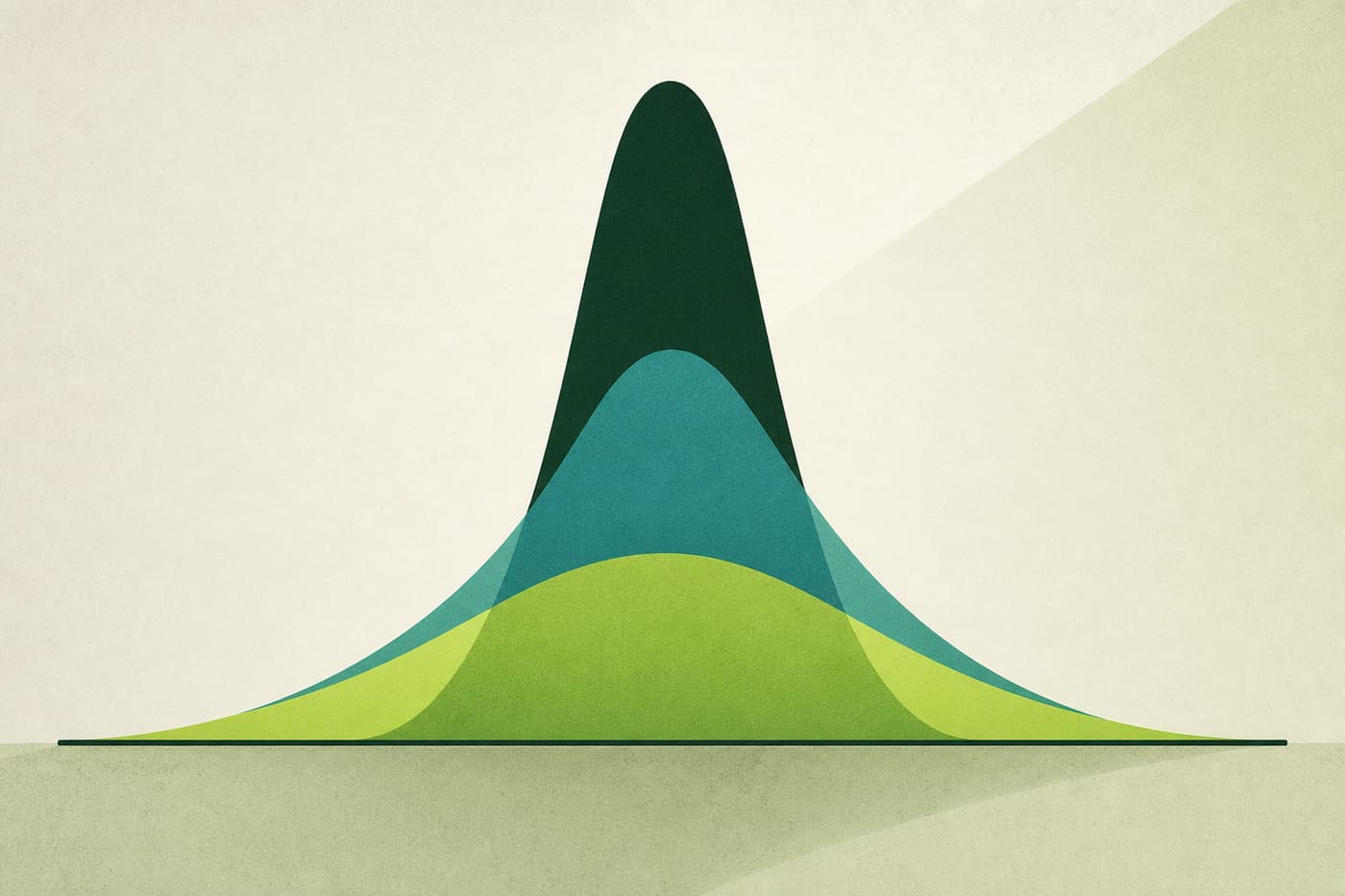 Three overlapping bell-shaped distribution curves of different heights disagreeing over the same baseline.