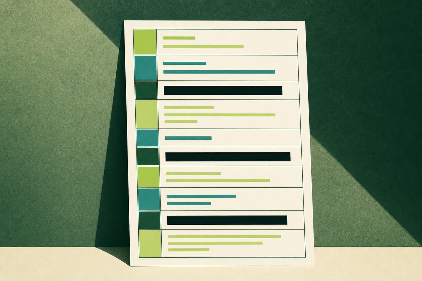 A tall document form divided into labelled horizontal field rows, several rows replaced by solid dark bars as if redacted.